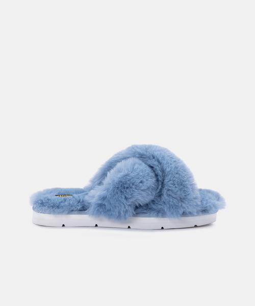 PILLAR SLIPPERS IN SKY BLUE FAUX FUR - Click Image to Close