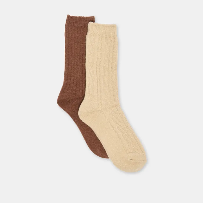 2 Pack Cable Texture Brown Multi Crew Socks — view 2