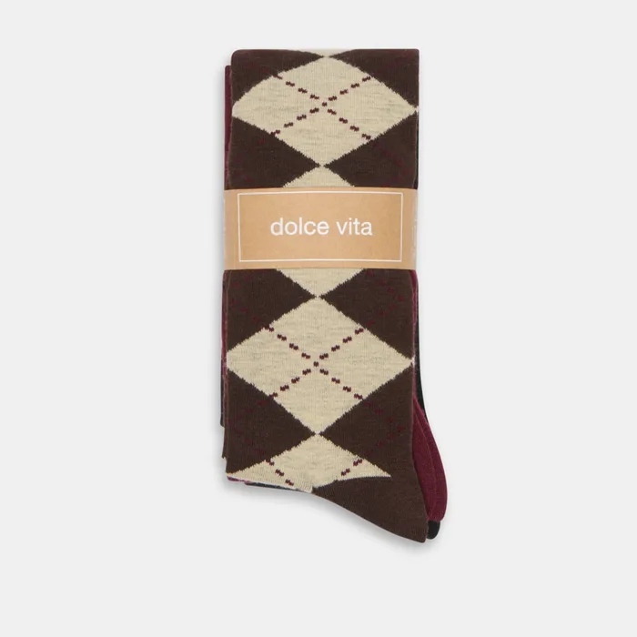 3 PACK ARGYLE KNEE HIGH SOCKS BROWN MULTI
