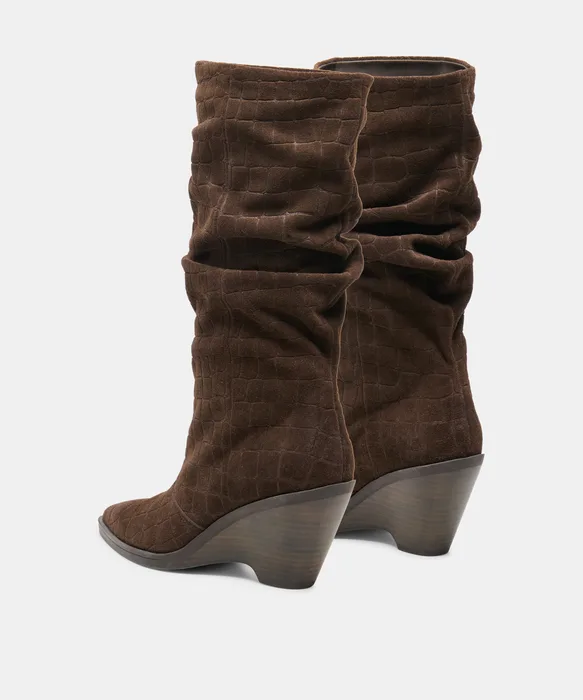 ADISEN Espresso Embossed Suede Wedge-Heel Boots — view 5