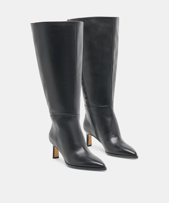 ALIMA Extra Wide Calf Black Leather Kitten-Heel Knee-High Boots — view 3