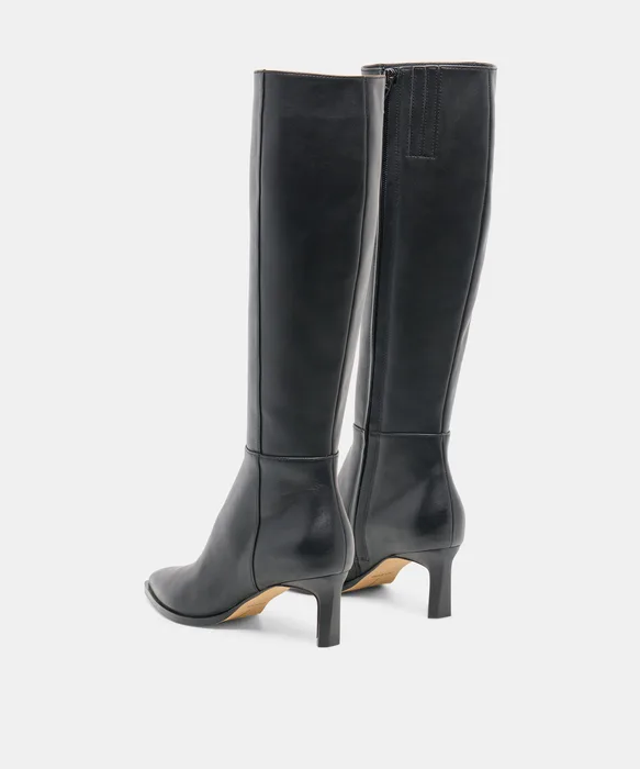 ALIMA Narrow Calf Black Leather Kitten-Heel Knee-High Boots — view 5