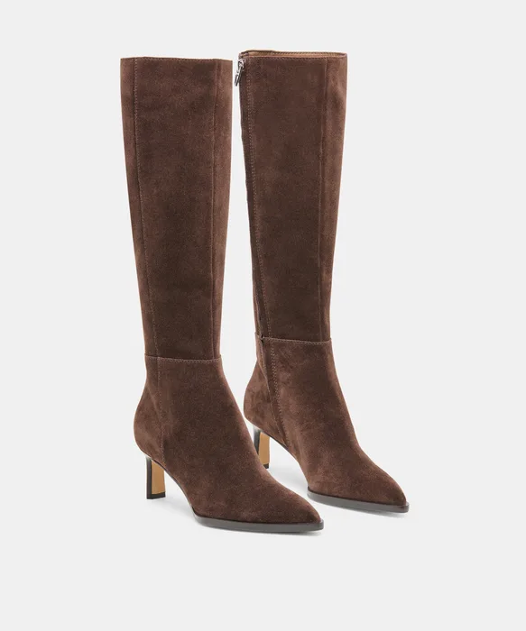 ALIMA Narrow Calf Dk Brown Suede Kitten-Heel Knee-High Boots — view 3