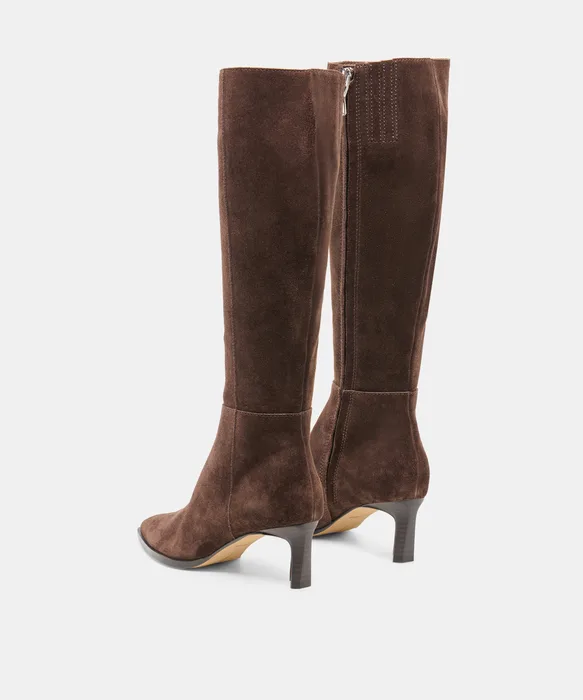 ALIMA Narrow Calf Dk Brown Suede Kitten-Heel Knee-High Boots — view 6