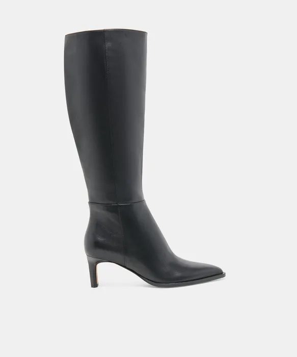 ALIMA Wide Calf Black Leather Kitten-Heel Knee-High Boots — view 2