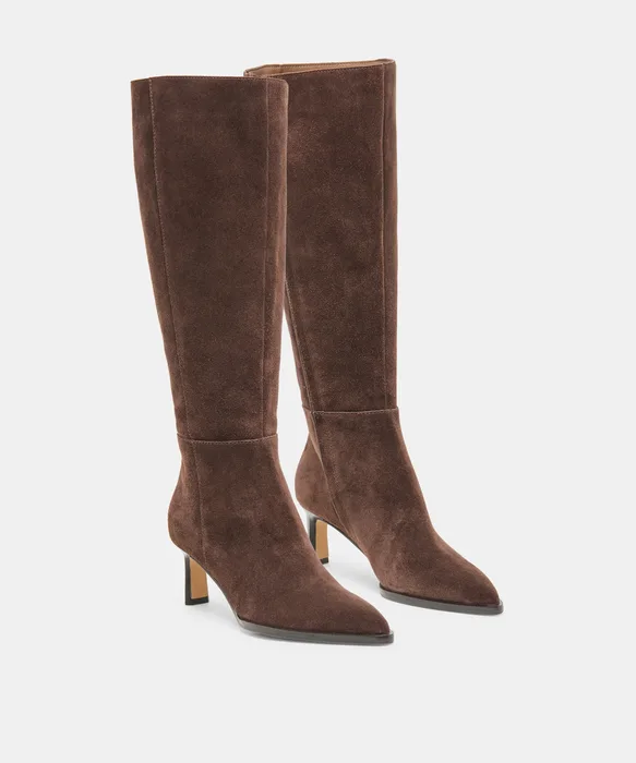 ALIMA Wide Calf Dk Brown Suede Kitten-Heel Knee-High Boots — view 3