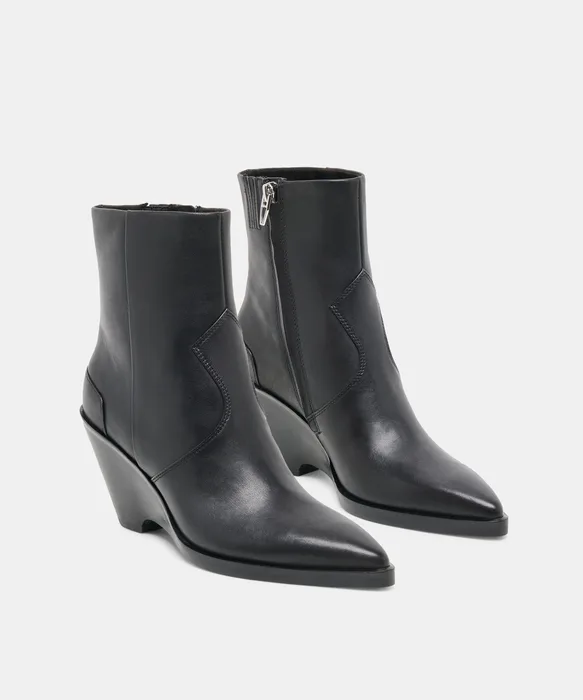 ASHTIN Black Leather Pointed-Toe Wedged Booties — view 3