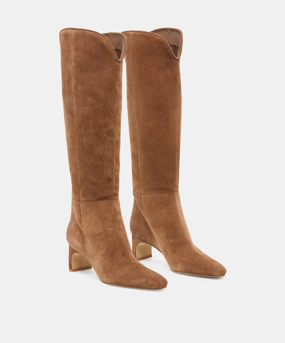 BRION Cocoa Suede Block-Heel Almond-Toe Knee-High Boots — view 3