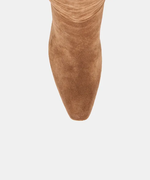 BRION Cocoa Suede Block-Heel Almond-Toe Knee-High Boots — view 4