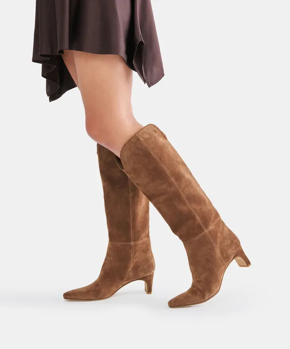 BRION Cocoa Suede Block-Heel Almond-Toe Knee-High Boots — view 5