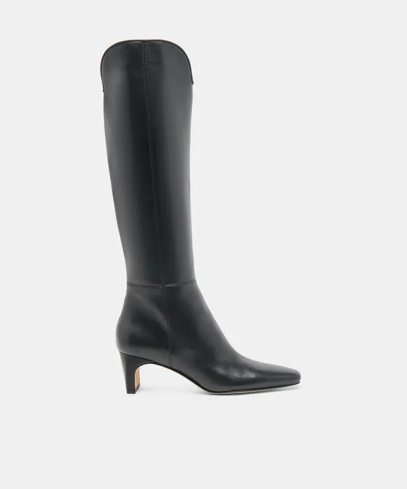 BRION Narrow Calf Black Leather Block-Heel Knee-High Boots — view 2