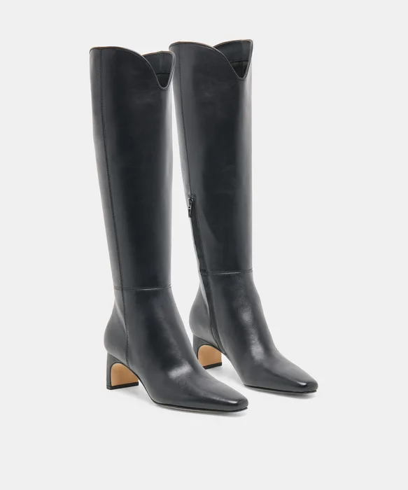 BRION Narrow Calf Black Leather Block-Heel Knee-High Boots — view 3