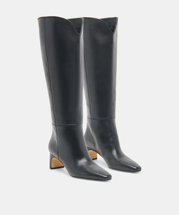 BRION Wide Calf Black Leather Block-Heel Knee-High Boots — view 3