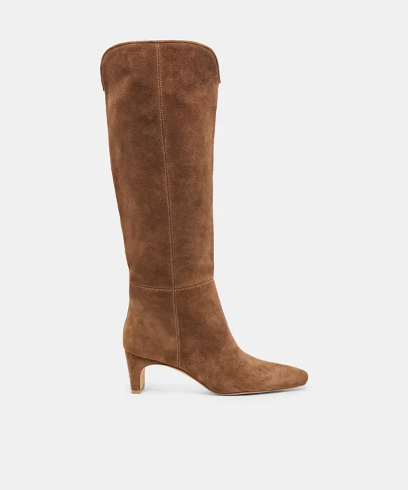 BRION Wide Calf Cocoa Suede Block-Heel Knee-High Boots — view 2