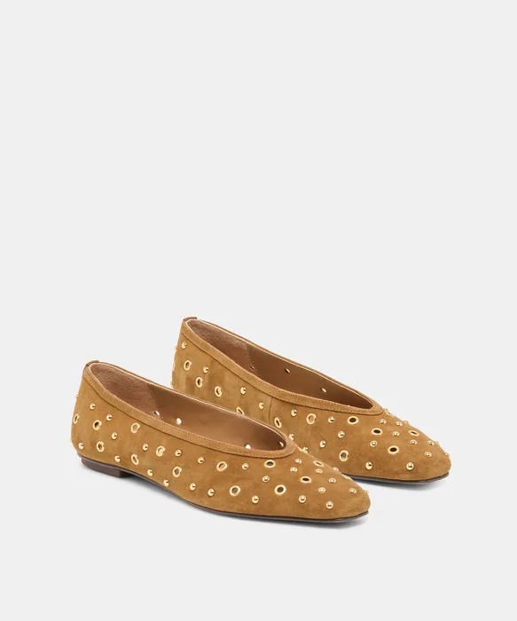 CARET STUD Lt Brown Suede Almond-Toe Ballet Flats — view 3