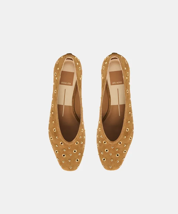 CARET STUD Lt Brown Suede Almond-Toe Ballet Flats — view 4