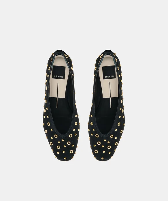 CARET STUD Onyx Suede Almond-Toe Ballet Flats — view 4