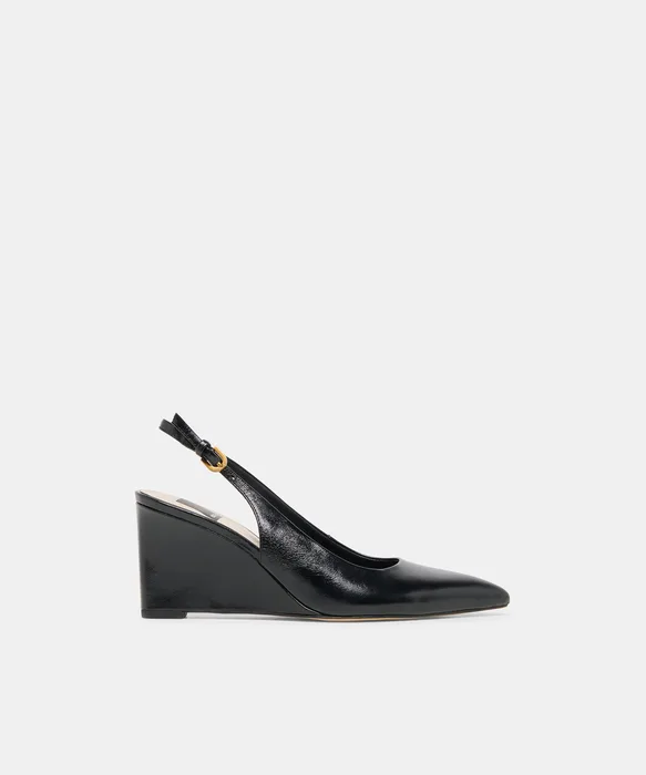 EVELAN Black Leather Pointed-Toe Slingback Wedges — view 2