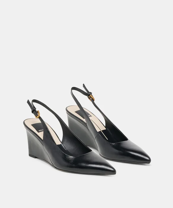 EVELAN Black Leather Pointed-Toe Slingback Wedges — view 3