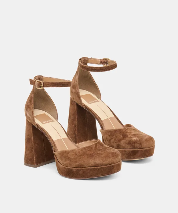 GARLYN Cocoa Suede Block-Heel Platform Heels — view 3