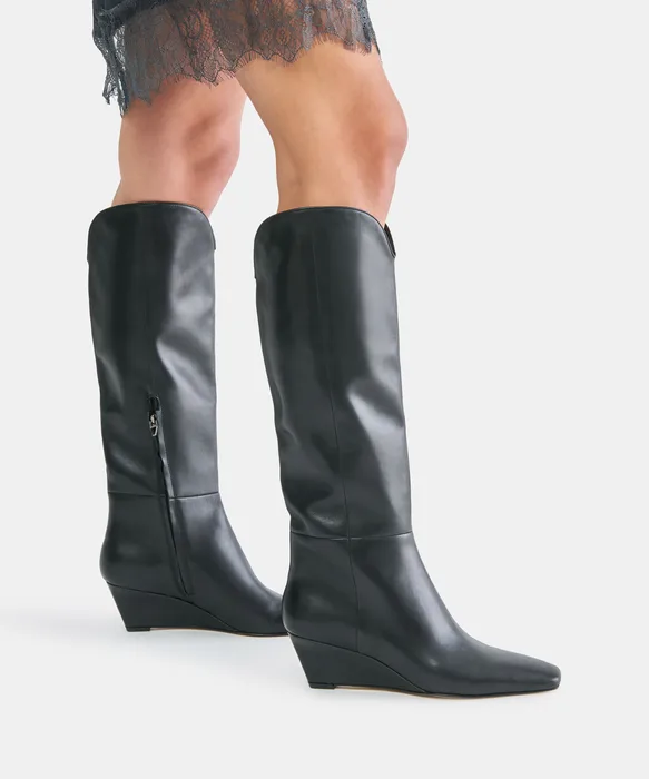 HENRA Black Leather Knee-High Wedge Heel Boots — view 5