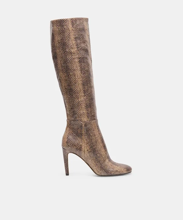 HEYES Snake Tan Embossed Leather Knee-High Stiletto Heeled Boots — view 2