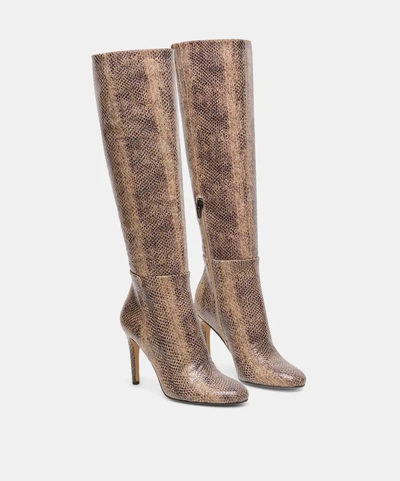 HEYES Snake Tan Embossed Leather Knee-High Stiletto Heeled Boots — view 3