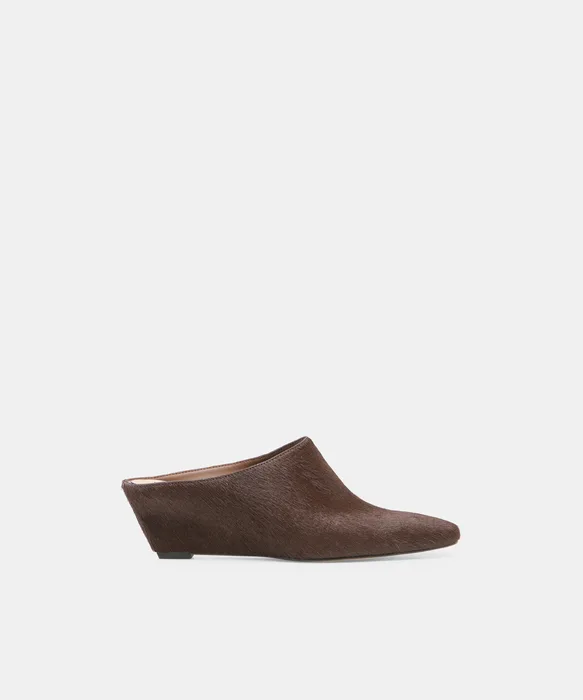 HILAH Chestnut Calf Hair Closed-Toe Slip-On Wedge Mules — view 2