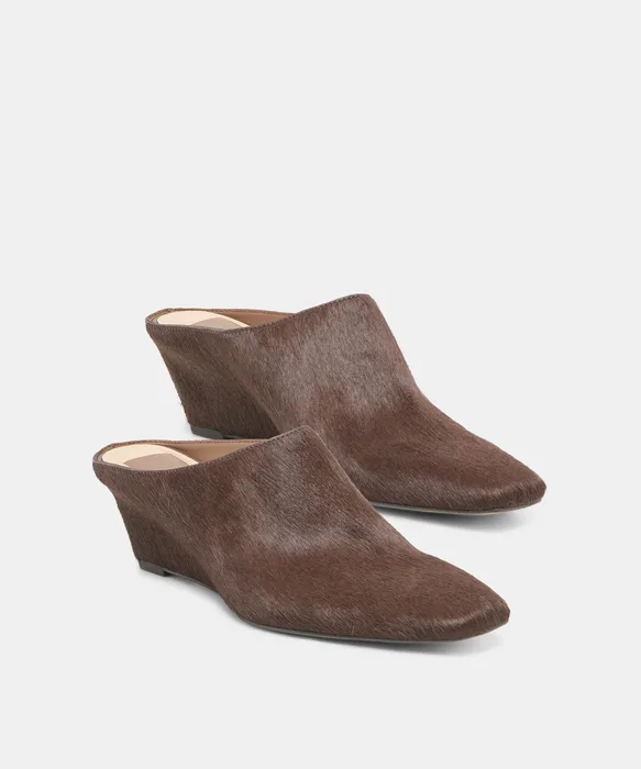 HILAH Chestnut Calf Hair Closed-Toe Slip-On Wedge Mules — view 3