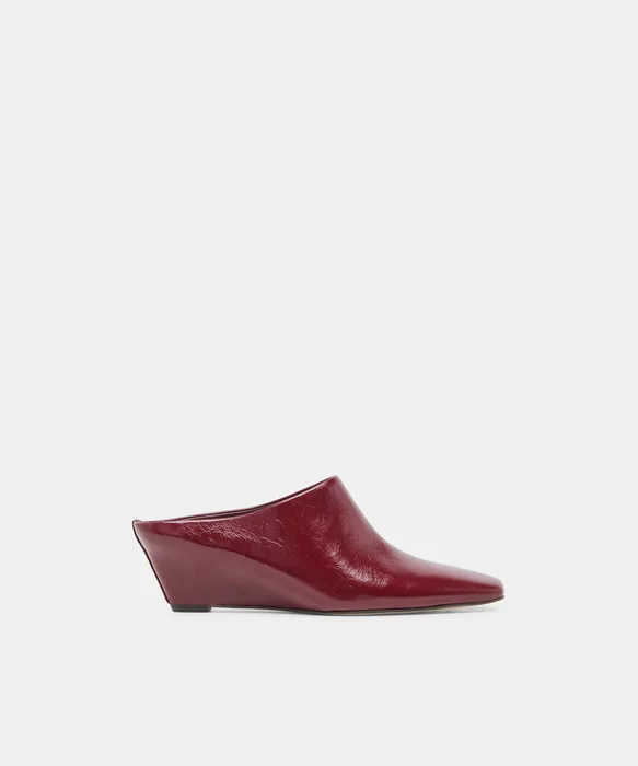 HILAH Oxblood Crinkle Patent Closed-Toe Slip-On Wedge Mules — view 2