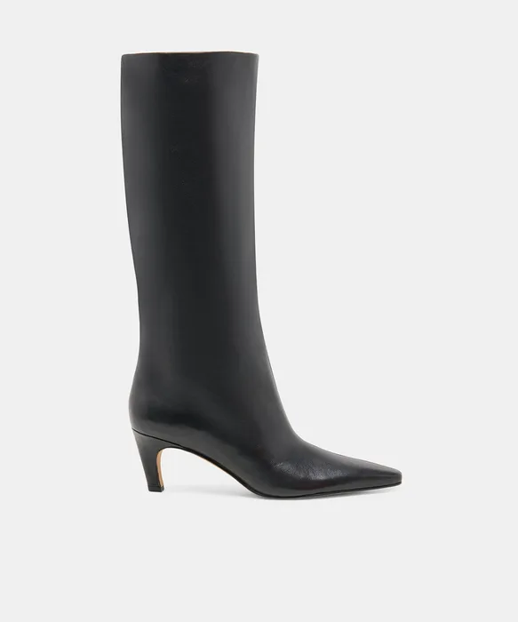 JAZMIN Black Leather Sculptural Kitten-Heel Knee-High Boots — view 2