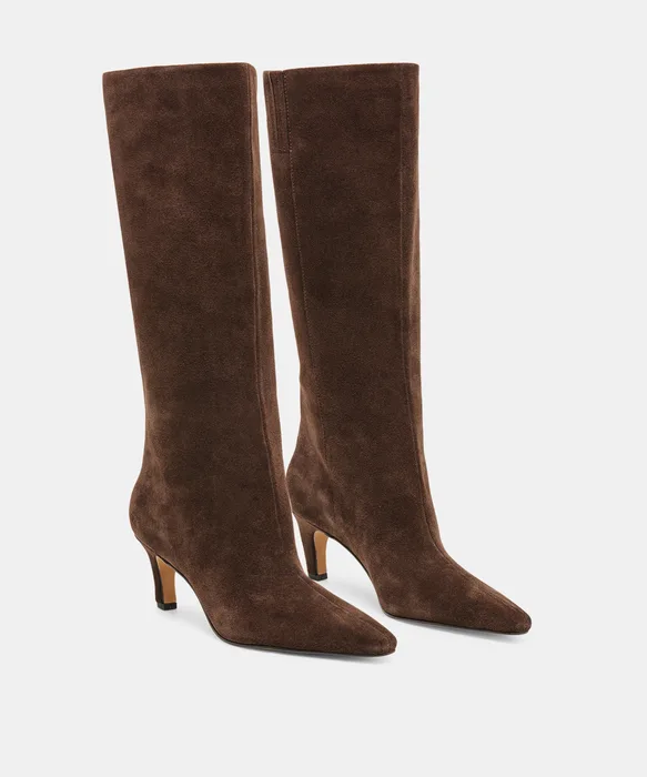 JAZMIN Espresso Suede Sculptural Kitten-Heel Knee-High Boots — view 3