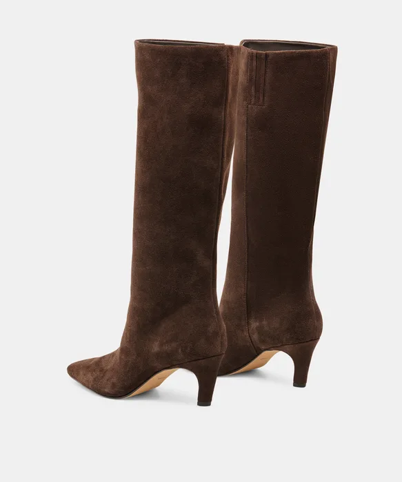 JAZMIN Espresso Suede Sculptural Kitten-Heel Knee-High Boots — view 6