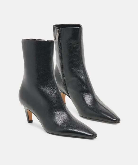 KARLIE Black Leather Pointed-Toe Kitten Heel Ankle Bootie — view 3
