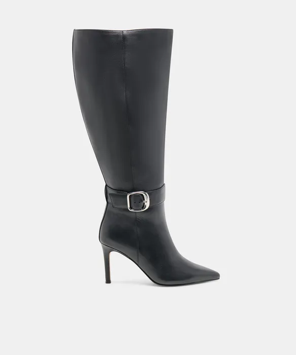 KINZY Black Leather Knee-High Stiletto Extra Wide Calf Boots — view 2
