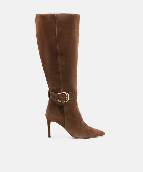 KINZY Dk Brown Suede Knee-High Stiletto Extra Wide Calf Boots — view 2