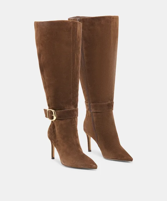 KINZY Dk Brown Suede Knee-High Stiletto Extra Wide Calf Boots — view 3