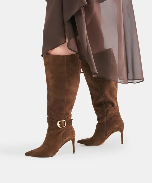 KINZY Dk Brown Suede Knee-High Stiletto Extra Wide Calf Boots — view 5