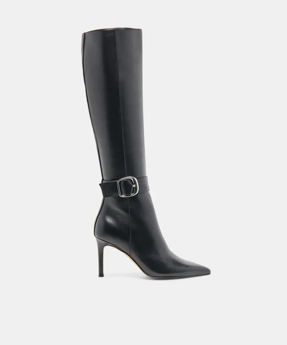 KINZY Black Leather Knee-High Stiletto Narrow Calf Boots — view 2