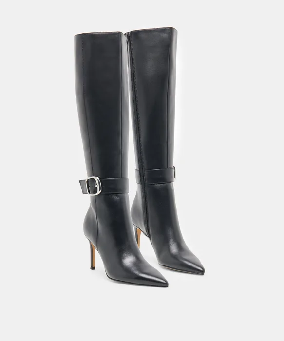 KINZY Black Leather Knee-High Stiletto Narrow Calf Boots — view 3
