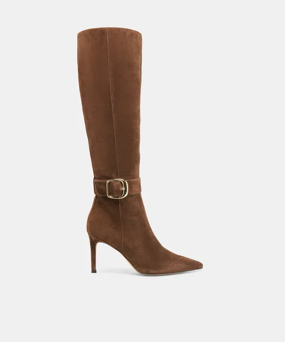 KINZY Dk Brown Suede Knee-High Stiletto Narrow Calf Boots — view 2