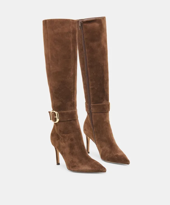 KINZY Dk Brown Suede Knee-High Stiletto Narrow Calf Boots — view 3