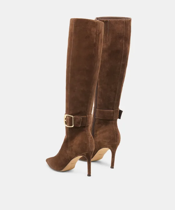KINZY Dk Brown Suede Knee-High Stiletto Narrow Calf Boots — view 5