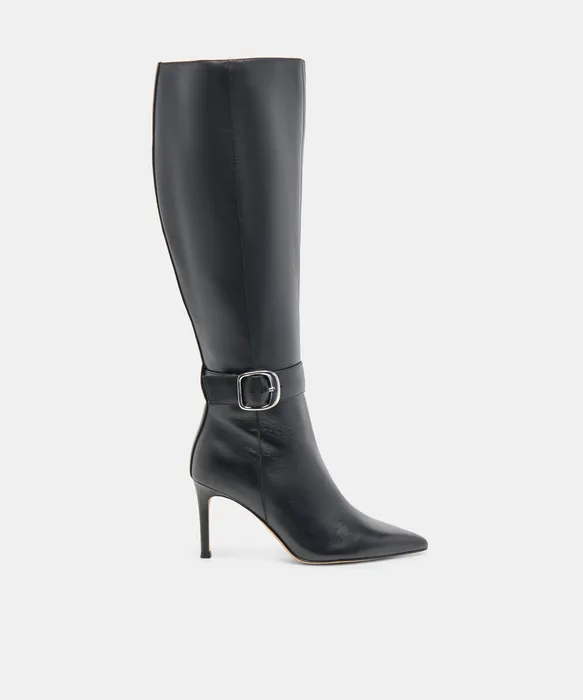 KINZY Black Leather Knee-High Stiletto Wide Calf Boots — view 2
