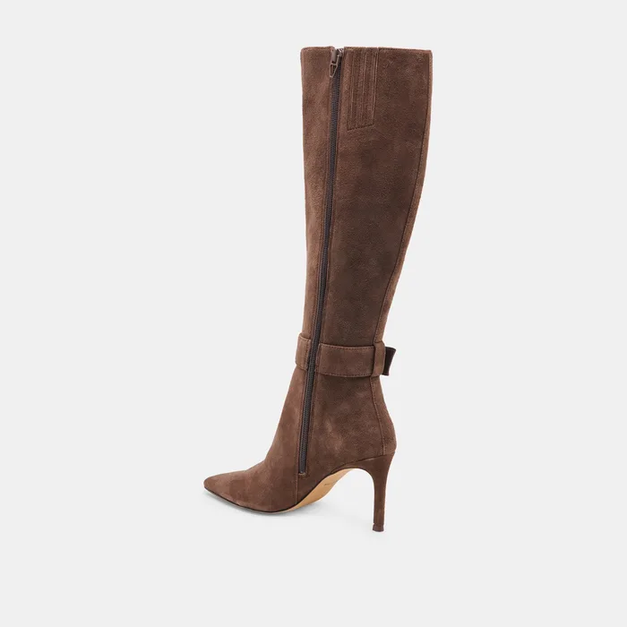 KINZY Dk Brown Suede Knee-High Stiletto Wide Calf Boots — view 8