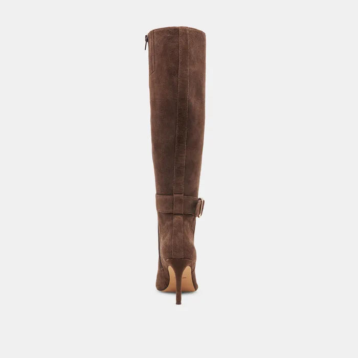 KINZY Dk Brown Suede Knee-High Stiletto Wide Calf Boots — view 10