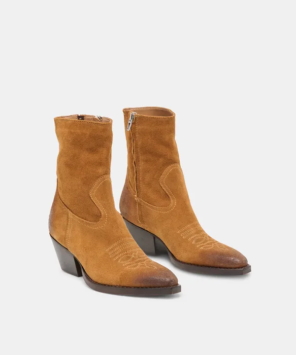 KLYDE Cognac Suede Block Heel Ankle Boots — view 3