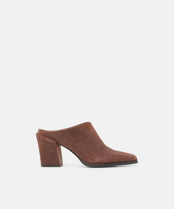 LINDI Coffee Suede Closed-Toe Slip-On Heeled Mules — view 2