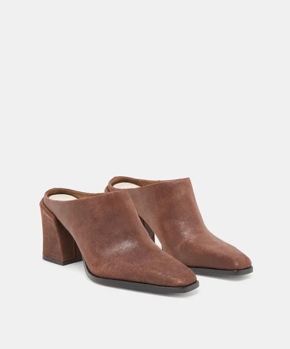LINDI Coffee Suede Closed-Toe Slip-On Heeled Mules — view 3