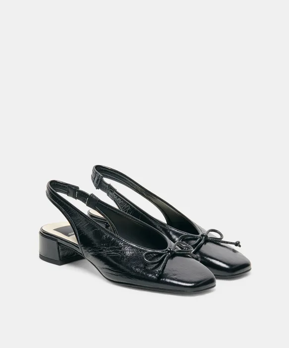MARIEN MID Black Leather Slingback Ballet Block Heels — view 3
